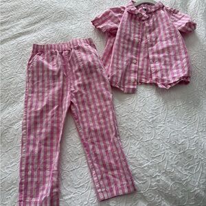 Hanna Andersson Pink and White Gingham pant and short sleeve button set 3T